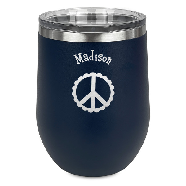 Custom Peace Sign Stemless Stainless Steel Wine Tumbler - Navy - Double Sided (Personalized)