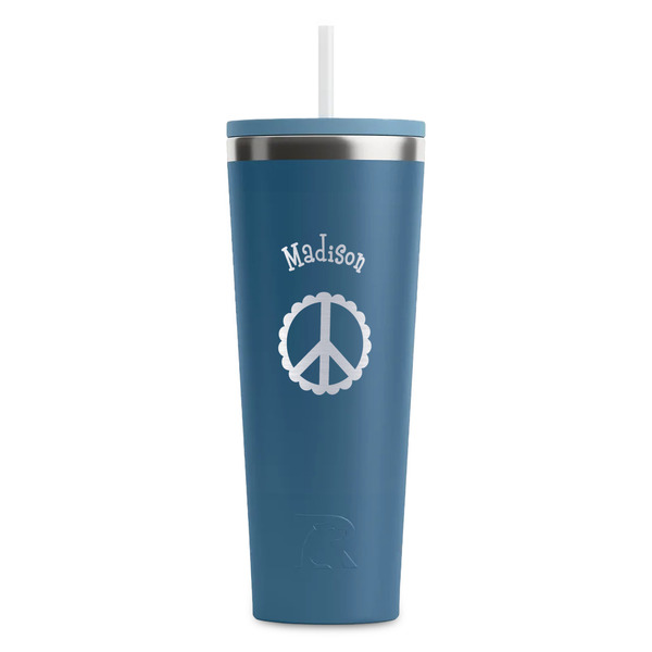 Custom Peace Sign RTIC Everyday Tumbler with Straw - 28oz - Steel Blue - Double-Sided (Personalized)