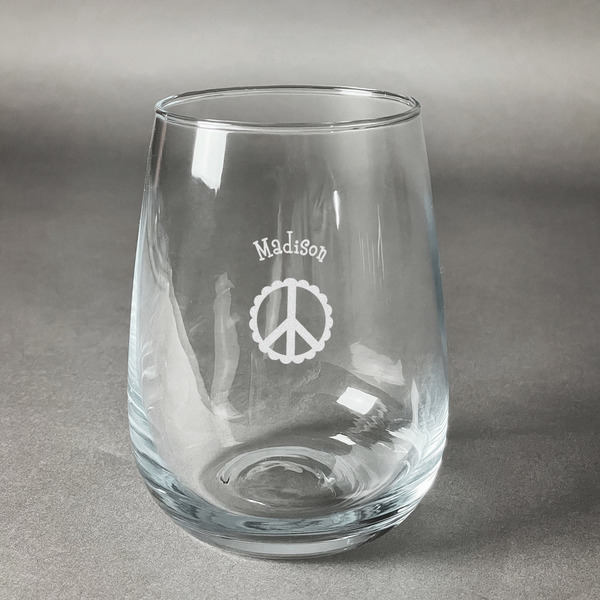 Custom Peace Sign Stemless Wine Glass (Single) (Personalized)