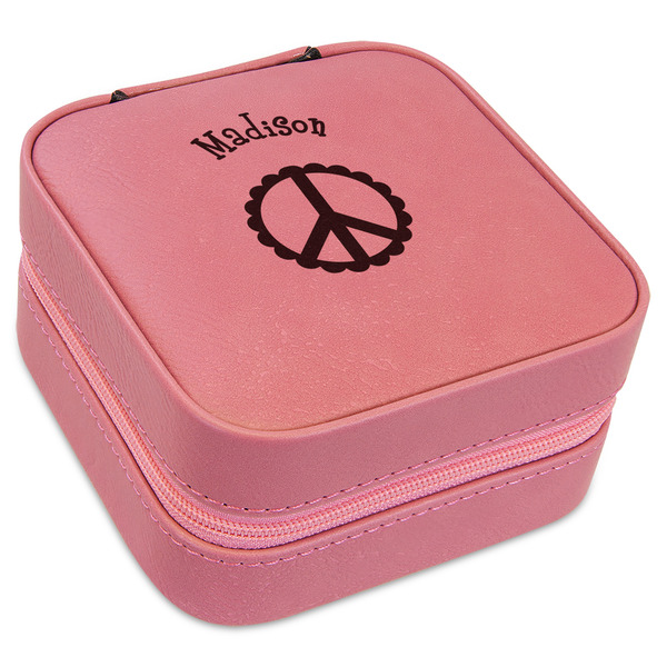 Custom Peace Sign Travel Jewelry Boxes - Pink Leather (Personalized)
