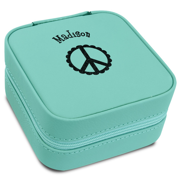 Custom Peace Sign Travel Jewelry Box - Teal Leather (Personalized)