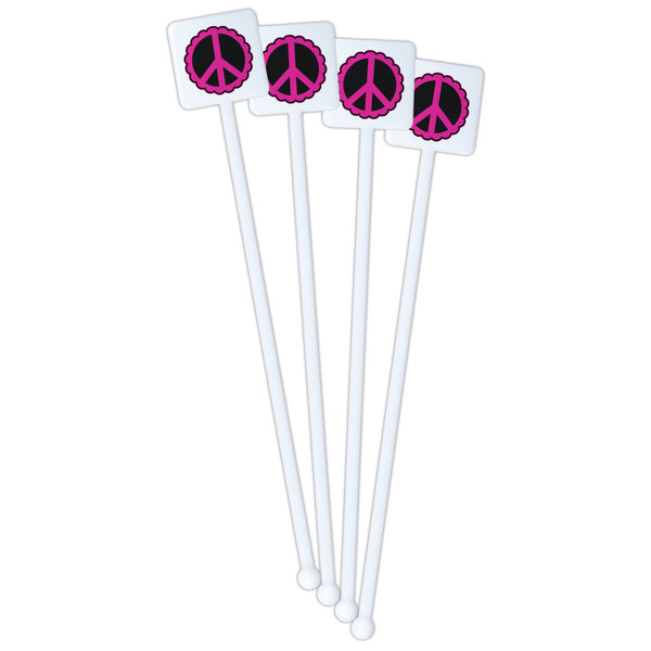 Peace Sign White Plastic Stir Stick - Single Sided - Square - Front
