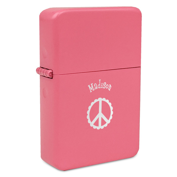 Custom Peace Sign Windproof Lighter - Pink - Single Sided & Lid Engraved (Personalized)