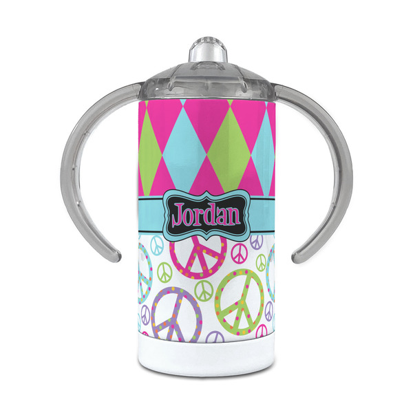 Custom Harlequin & Peace Signs 12 oz Stainless Steel Sippy Cup (Personalized)