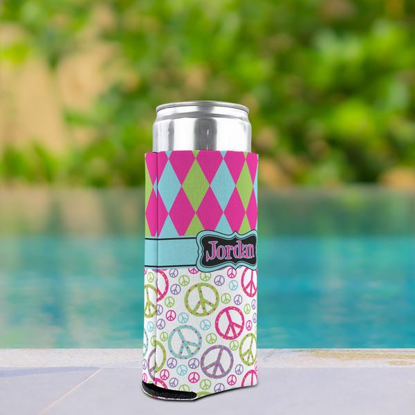 Harlequin & Peace Signs Can Cooler - Tall 12oz - In Context