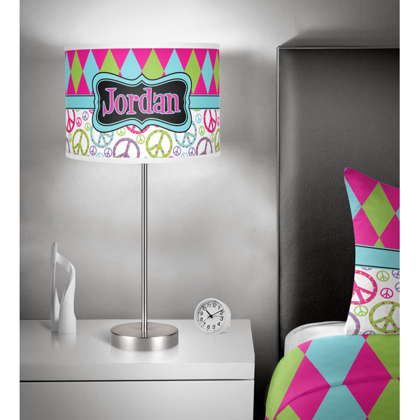 Harlequin & Peace Signs 13 inch drum lamp shade - in room