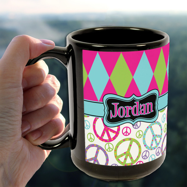 Harlequin & Peace Signs 15oz. Black Mug - LIFESTYLE