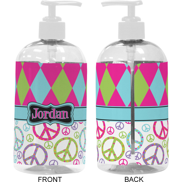 Harlequin & Peace Signs 16 oz Plastic Liquid Dispenser- Approval- White
