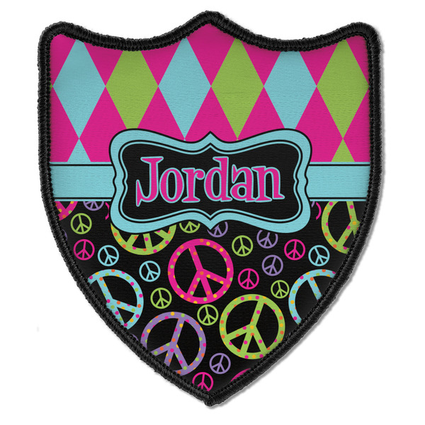 Custom Harlequin & Peace Signs Iron On Shield Patch B w/ Name or Text