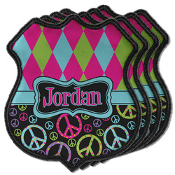 Harlequin & Peace Signs Iron On Shield C Patches - Set of 4 w/ Name or Text
