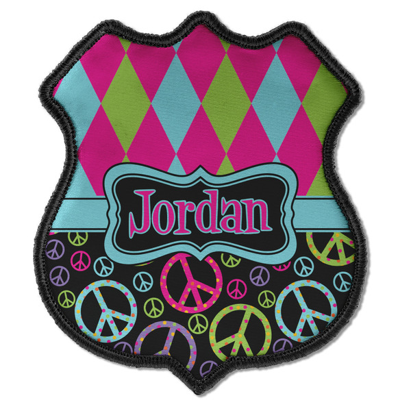 Custom Harlequin & Peace Signs Iron On Shield Patch C w/ Name or Text