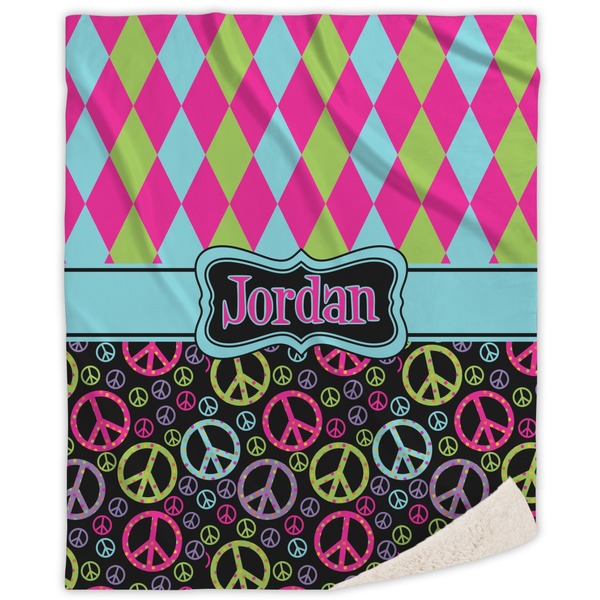 Custom Harlequin & Peace Signs Sherpa Throw Blanket - 50"x60" (Personalized)