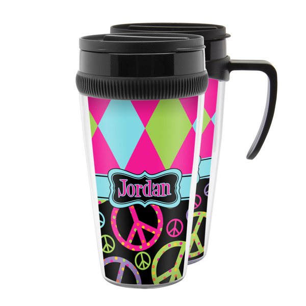 Custom Harlequin & Peace Signs Acrylic Travel Mug (Personalized)