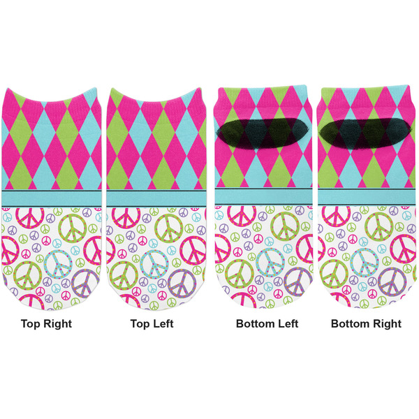 Harlequin & Peace Signs Adult Ankle Socks - Double Pair - Front and Back - Apvl