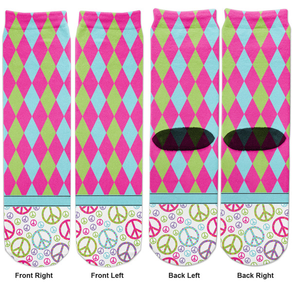 Harlequin & Peace Signs Adult Crew Socks - Double Pair - Front and Back - Apvl