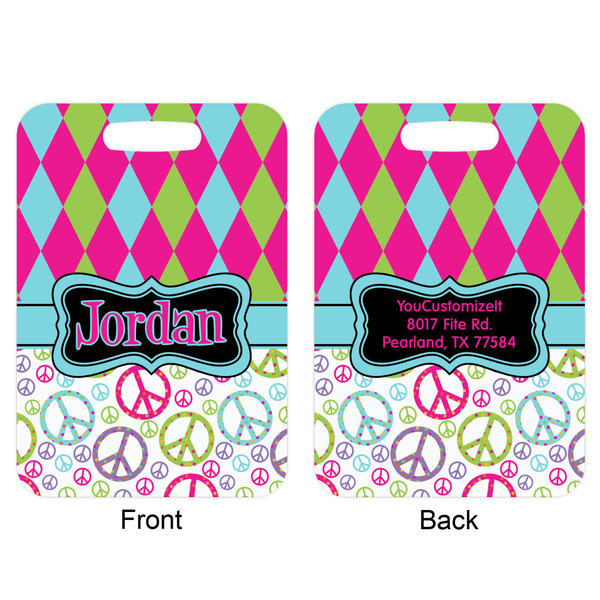 Harlequin & Peace Signs Aluminum Luggage Tag (Front + Back)