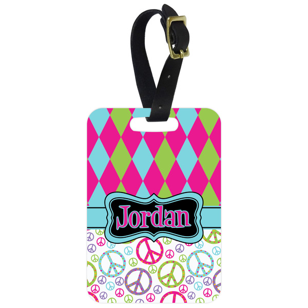 Custom Harlequin & Peace Signs Metal Luggage Tag w/ Name or Text