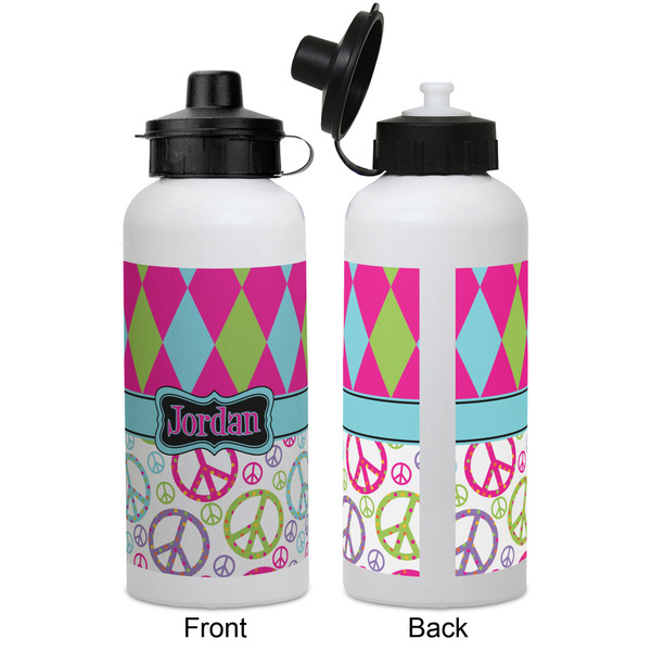 Harlequin & Peace Signs Aluminum Water Bottle - White APPROVAL