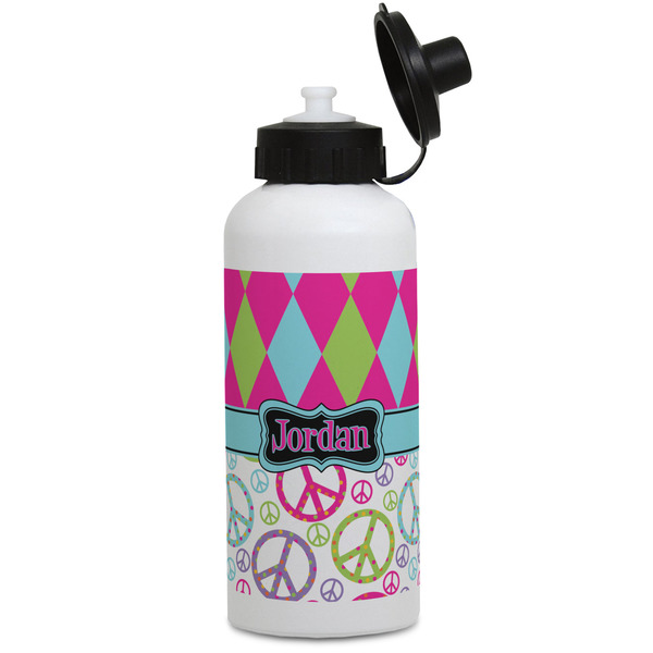 Custom Harlequin & Peace Signs Water Bottles - Aluminum - 20 oz - White (Personalized)