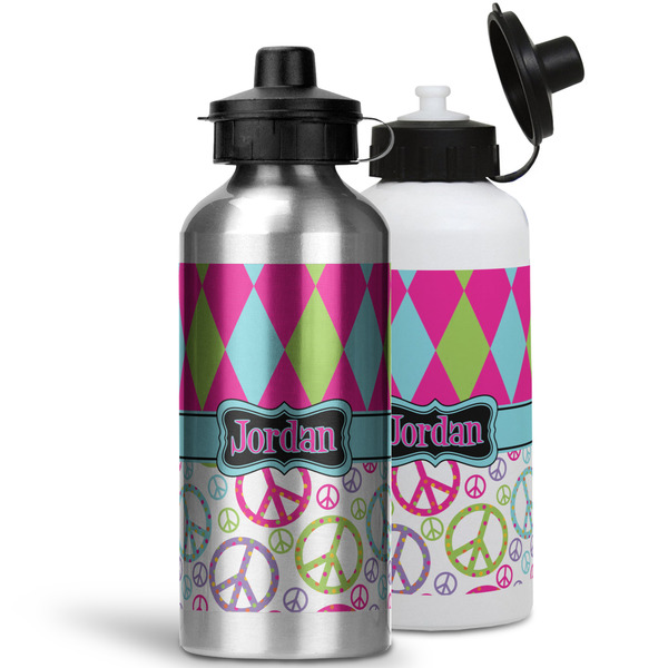 Harlequin & Peace Signs Aluminum Water Bottles - MAIN (white &silver)