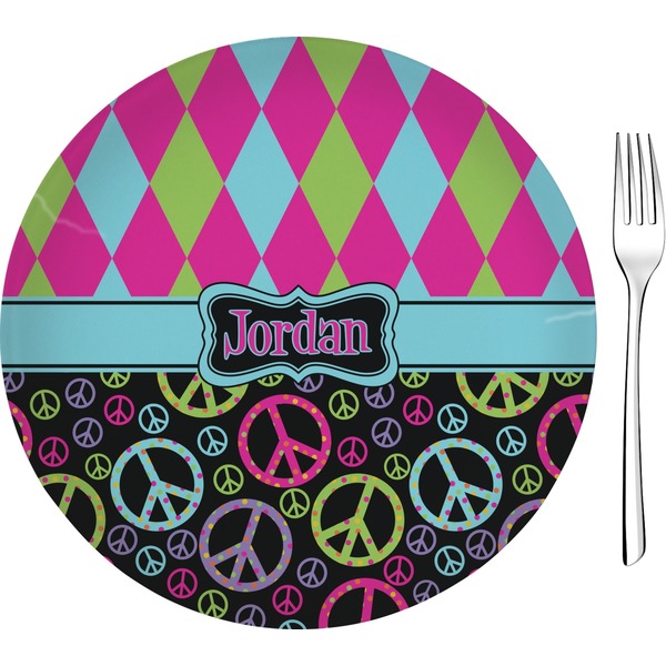 Custom Harlequin & Peace Signs Glass Appetizer / Dessert Plate 8" (Personalized)