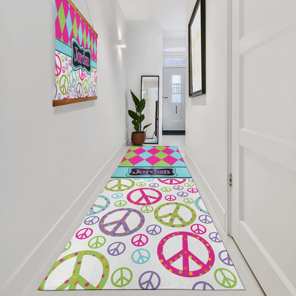 Harlequin & Peace Signs Area Rug Sizes - In Context (vertical)