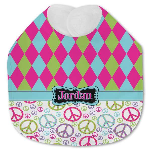 Custom Harlequin & Peace Signs Jersey Knit Baby Bib w/ Name or Text