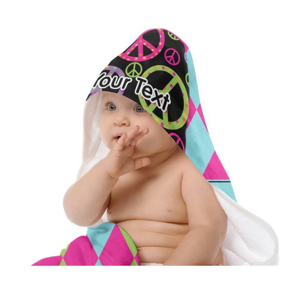 Harlequin & Peace Signs Baby Hooded Towel on Child