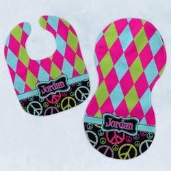 Harlequin & Peace Signs Baby Bib & Burp Set w/ Name or Text