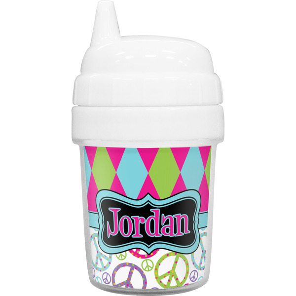Custom Harlequin & Peace Signs Baby Sippy Cup (Personalized)