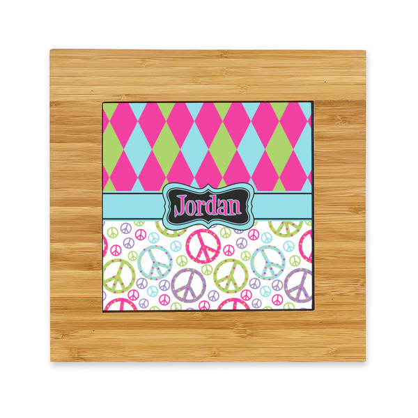Custom Harlequin & Peace Signs Bamboo Trivet with Ceramic Tile Insert (Personalized)