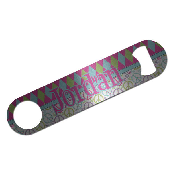 Custom Harlequin & Peace Signs Bar Bottle Opener - Silver w/ Name or Text