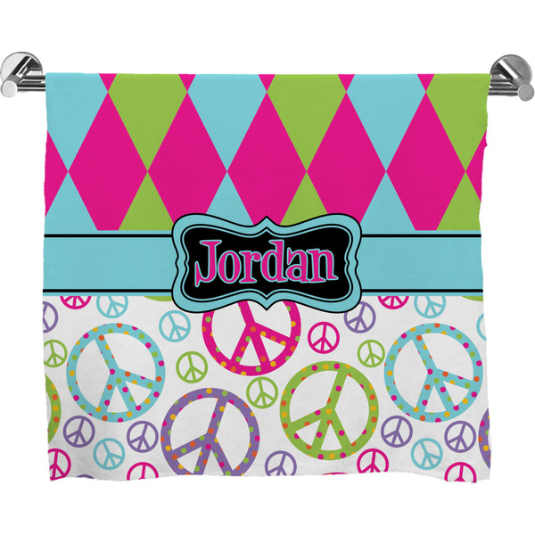 Custom Harlequin & Peace Signs Bath Towel (Personalized)