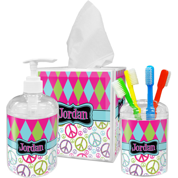 Custom Harlequin & Peace Signs Acrylic Bathroom Accessories Set w/ Name or Text