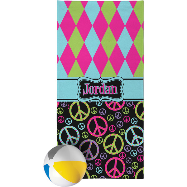 Custom Harlequin & Peace Signs Beach Towel (Personalized)