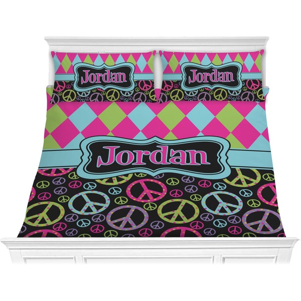 Custom Harlequin & Peace Signs Comforter Set - King (Personalized)