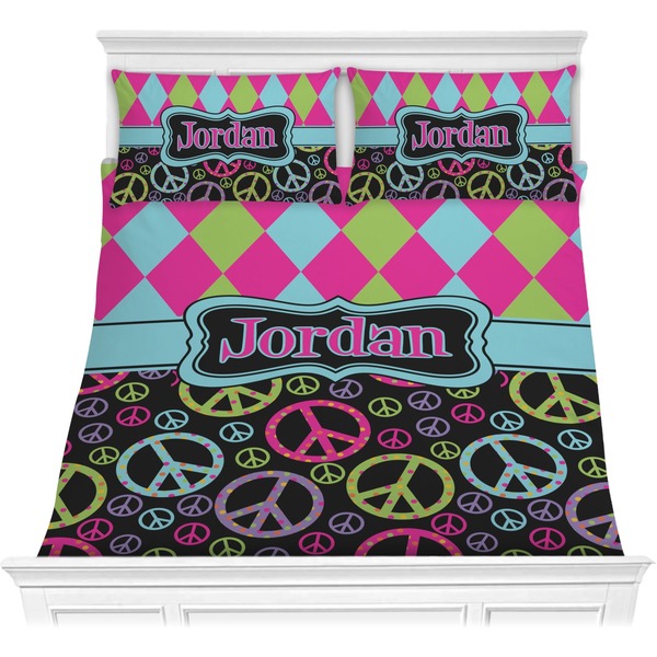 Custom Harlequin & Peace Signs Comforter Set - Full / Queen (Personalized)