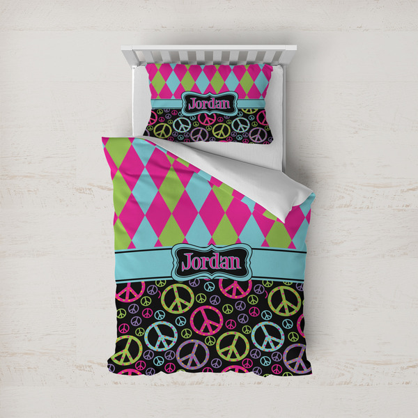 Custom Harlequin & Peace Signs Duvet Cover Set - Twin (Personalized)