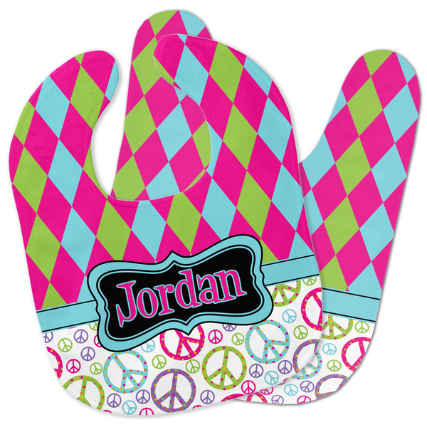 Custom Harlequin & Peace Signs Baby Bib w/ Name or Text