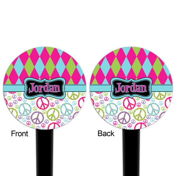 Harlequin & Peace Signs Black Plastic 4" Food Pick - Round - Double Sided - Front & Back