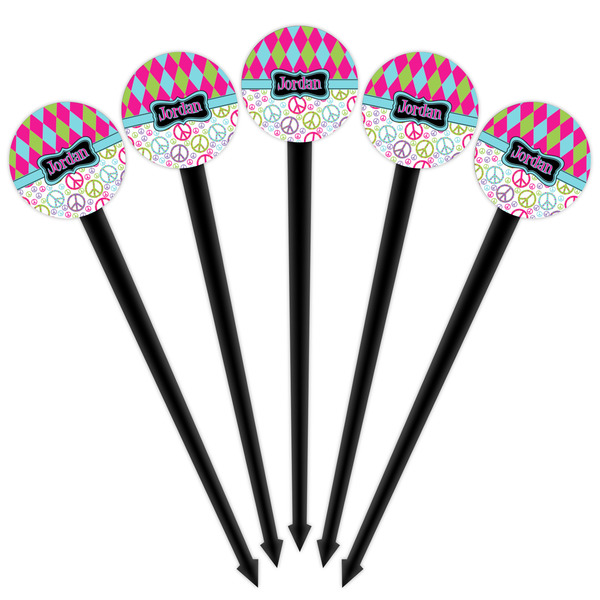 Harlequin & Peace Signs Black Plastic 4" Food Pick - Round - Fan View