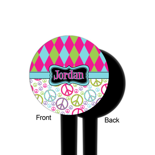Harlequin & Peace Signs Black Plastic 4" Food Pick - Round - Single Sided - Front & Back