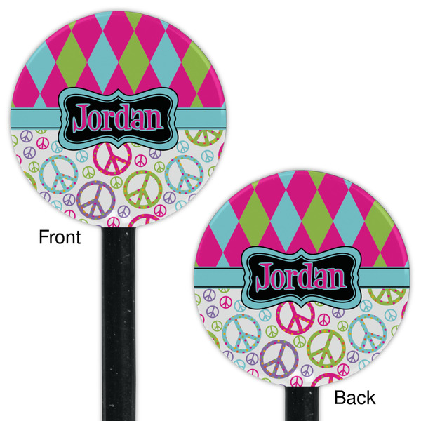 Harlequin & Peace Signs Black Plastic 5.5" Stir Stick - Double Sided - Round - Front & Back