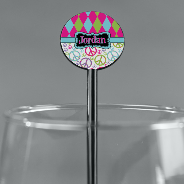 Harlequin & Peace Signs Black Plastic 5.5" Stir Stick - Round - Main