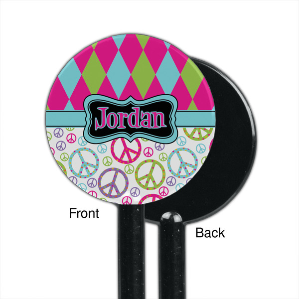 Harlequin & Peace Signs Black Plastic 5.5" Stir Stick - Single Sided - Round - Front & Back