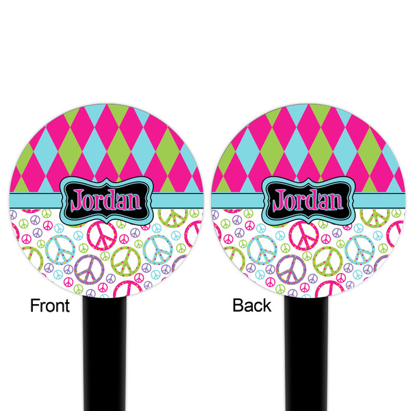 Harlequin & Peace Signs Black Plastic 6" Food Pick - Round - Double Sided - Front & Back