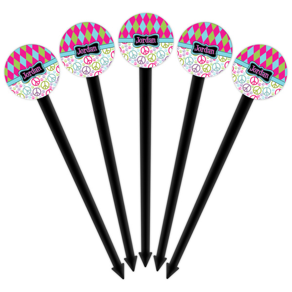 Harlequin & Peace Signs Black Plastic 6" Food Pick - Round - Fan View