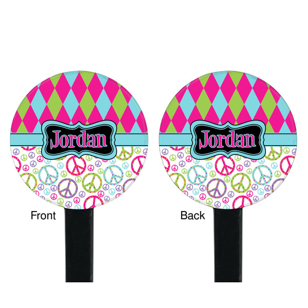 Harlequin & Peace Signs Black Plastic 7" Stir Stick - Double Sided - Round - Front & Back