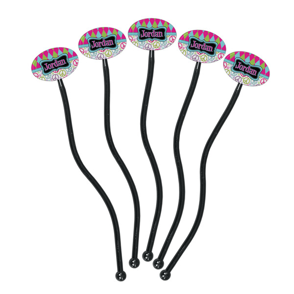 Harlequin & Peace Signs Black Plastic 7" Stir Stick - Oval - Fan