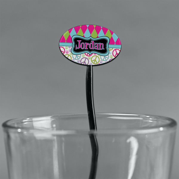 Harlequin & Peace Signs Black Plastic 7" Stir Stick - Oval - Main